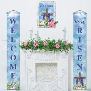 Pudodo He is Risen Porch Banner Easter Christian Cross Resurrection Religious Holiday Front Door Sign Wall Hanging Party Decoration