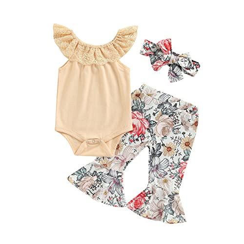 DNOMAID YZARC Western Baby Girl Clothes Infant Rib Lace Sleeveless Romper Cow Bell Bottom Pants with Headband 3Pcs Outfit Set (Apricot Floral Print, 6-12 Months)