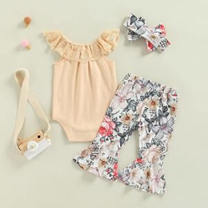 DNOMAID YZARC Western Baby Girl Clothes Infant Rib Lace Sleeveless Romper Cow Bell Bottom Pants with Headband 3Pcs Outfit Set (Apricot Floral Print, 6-12 Months)