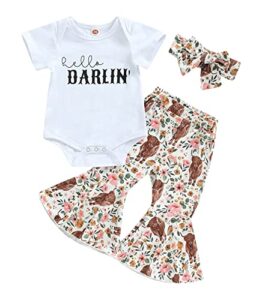 western baby girl clothes cowgirl bell bottom outfit short sleeve cow print funny letter shirt flare pant 2pcs set (x shirt-o 1, 6-12 months)