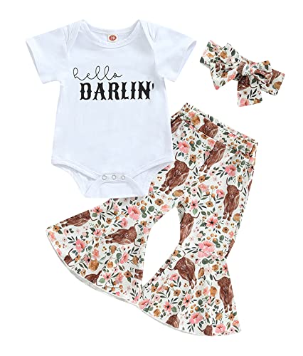 Western Baby Girl Clothes Cowgirl Bell Bottom Outfit Short Sleeve Cow Print Funny Letter Shirt Flare Pant 2Pcs Set (X Shirt-o 1, 6-12 Months)