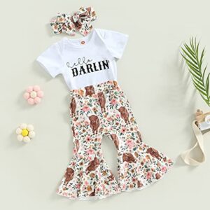 Western Baby Girl Clothes Cowgirl Bell Bottom Outfit Short Sleeve Cow Print Funny Letter Shirt Flare Pant 2Pcs Set (X Shirt-o 1, 6-12 Months)