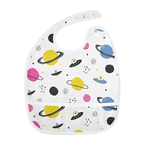 Kigai Cosmos Ufo Alien Baby Bibs for Baby Boy Girl, Waterproof Soft Cotton Washable Feeding Bibs Adjustable Snaps, Scraps Pocket, 2 Pack