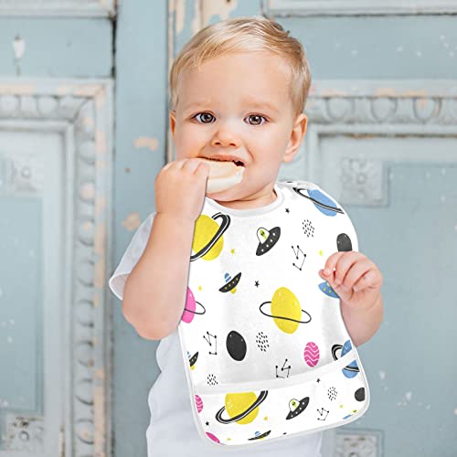 Kigai Cosmos Ufo Alien Baby Bibs for Baby Boy Girl, Waterproof Soft Cotton Washable Feeding Bibs Adjustable Snaps, Scraps Pocket, 2 Pack