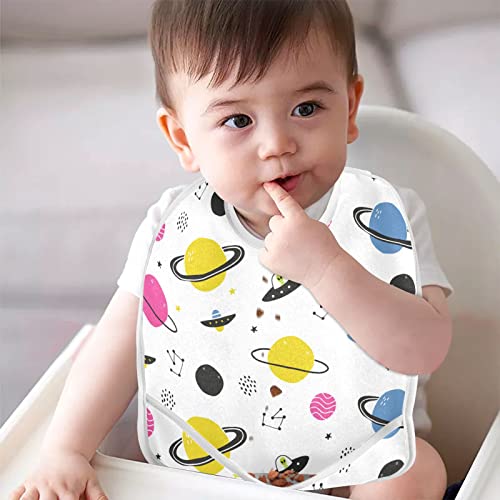 Kigai Cosmos Ufo Alien Baby Bibs for Baby Boy Girl, Waterproof Soft Cotton Washable Feeding Bibs Adjustable Snaps, Scraps Pocket, 2 Pack