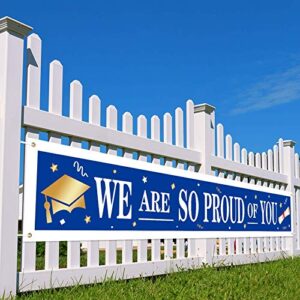 large huge 2023 graduation party banner we are so proud of you congrats grad hanging banner backdrop background photo prop booth graduation party decoration (blue with white words)