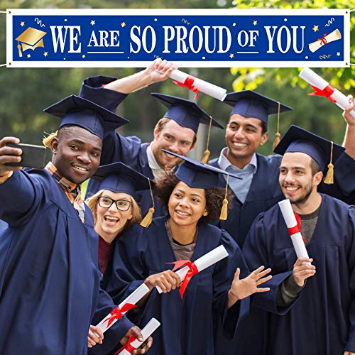 Large Huge 2023 Graduation Party Banner We are So Proud of You Congrats Grad Hanging Banner Backdrop Background Photo Prop Booth Graduation Party Decoration (Blue with White Words)