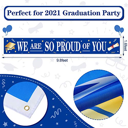 Large Huge 2023 Graduation Party Banner We are So Proud of You Congrats Grad Hanging Banner Backdrop Background Photo Prop Booth Graduation Party Decoration (Blue with White Words)