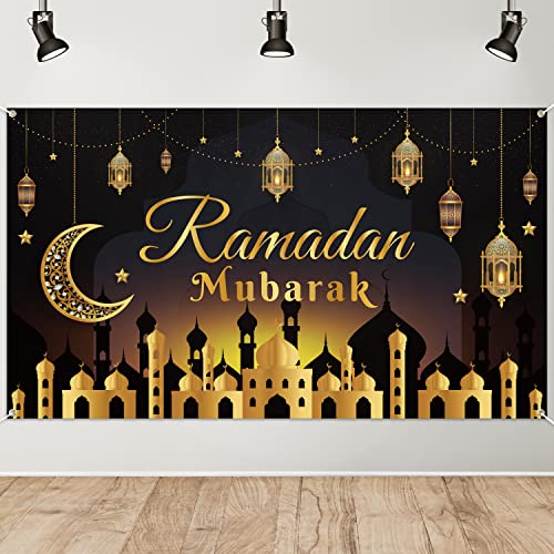 WATINC Ramadan Mubarak Backdrop Banner XtraLarge Eid Arabian Nights Moon Stars Ramadan Kareem Background Banner Party Decorations Supplies Photo Booth for Wall Home Indoor Outdoor 79 X 45 Inch