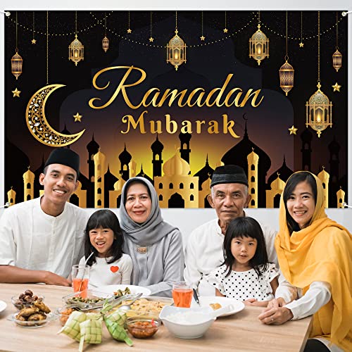 WATINC Ramadan Mubarak Backdrop Banner XtraLarge Eid Arabian Nights Moon Stars Ramadan Kareem Background Banner Party Decorations Supplies Photo Booth for Wall Home Indoor Outdoor 79 X 45 Inch