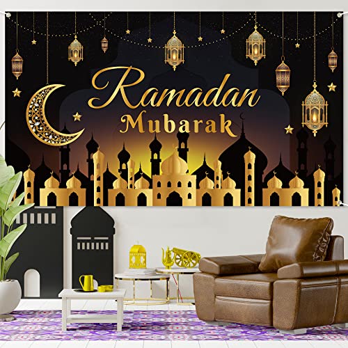 WATINC Ramadan Mubarak Backdrop Banner XtraLarge Eid Arabian Nights Moon Stars Ramadan Kareem Background Banner Party Decorations Supplies Photo Booth for Wall Home Indoor Outdoor 79 X 45 Inch