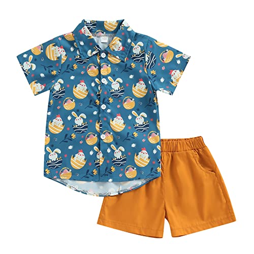 Balaflyie Toddler Boy Easter Outfits Short Sleeve Bunny Shirt Button Down Blouse Solid Shorts Set Summer Clothes (Dark Blue, 18-24 Months)