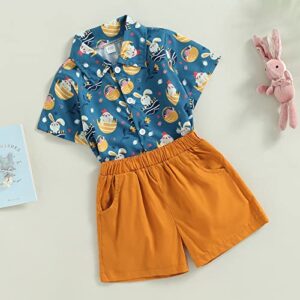 Balaflyie Toddler Boy Easter Outfits Short Sleeve Bunny Shirt Button Down Blouse Solid Shorts Set Summer Clothes (Dark Blue, 18-24 Months)