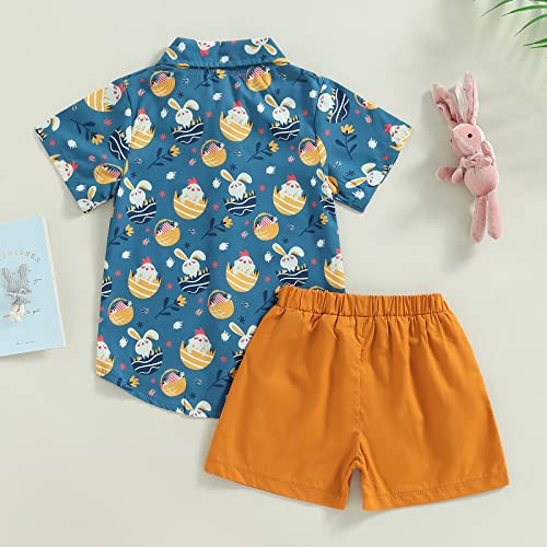 Balaflyie Toddler Boy Easter Outfits Short Sleeve Bunny Shirt Button Down Blouse Solid Shorts Set Summer Clothes (Dark Blue, 18-24 Months)