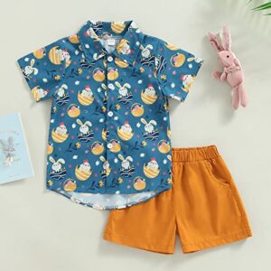 Balaflyie Toddler Boy Easter Outfits Short Sleeve Bunny Shirt Button Down Blouse Solid Shorts Set Summer Clothes (Dark Blue, 18-24 Months)