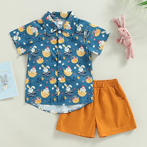 Balaflyie Toddler Boy Easter Outfits Short Sleeve Bunny Shirt Button Down Blouse Solid Shorts Set Summer Clothes (Dark Blue, 18-24 Months)