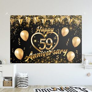 Happy 59th Anniversary Backdrop Banner Decor Black Gold – Glitter Love Heart Happy 59 Years Wedding Anniversary Party Theme Decorations for Women Men Supplies, 3.9 x 5.9 ft