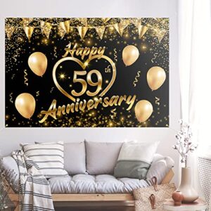 Happy 59th Anniversary Backdrop Banner Decor Black Gold – Glitter Love Heart Happy 59 Years Wedding Anniversary Party Theme Decorations for Women Men Supplies, 3.9 x 5.9 ft