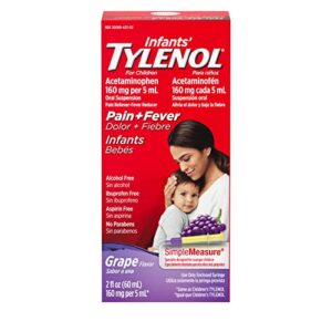 tylenol infants oral suspension medicine with acetaminophen, baby fever reducer & pain reliever for minor aches & pains, sore throat, headache & teething pain, grape flavor, 2 fl. oz