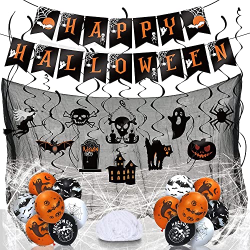 LINAYE Halloween Party Decorations Kit Indoor Outdoor | Halloween Hanging Swirl Decorations, Halloween Banner, Creepy Cloth, Halloween Balloons, Spider Web Halloween Hanging Decorations Decor Set Pack