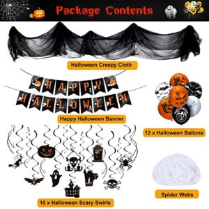 LINAYE Halloween Party Decorations Kit Indoor Outdoor | Halloween Hanging Swirl Decorations, Halloween Banner, Creepy Cloth, Halloween Balloons, Spider Web Halloween Hanging Decorations Decor Set Pack