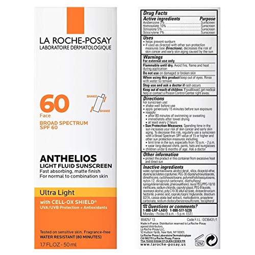 La Roche-Posay Anthelios Light Fluid Face Sunscreen Broad Spectrum SPF 60, Sensitive Skin Sunscreen, Oxybenzone Free, Oil Free, Non-Comedogenic