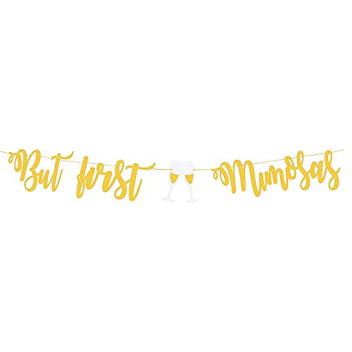 Zotemo But First Mimosas Banner with Goblet Decor, Gold Glitter Mimosa Bar Sign for Bridal Shower Baby Shower Decorations