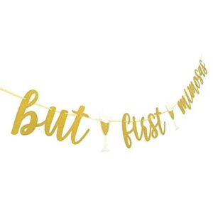 Zotemo But First Mimosas Banner with Goblet Decor, Gold Glitter Mimosa Bar Sign for Bridal Shower Baby Shower Decorations