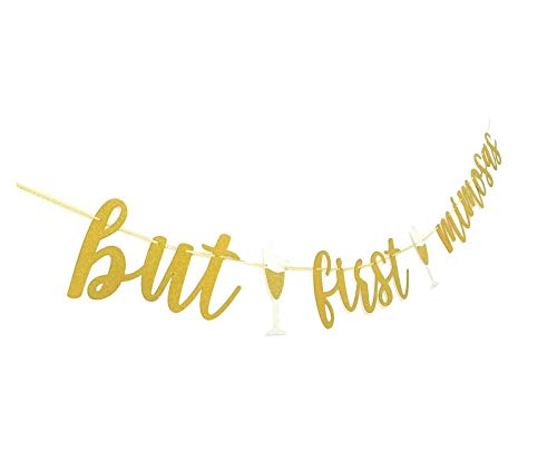 Zotemo But First Mimosas Banner with Goblet Decor, Gold Glitter Mimosa Bar Sign for Bridal Shower Baby Shower Decorations