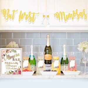 Zotemo But First Mimosas Banner with Goblet Decor, Gold Glitter Mimosa Bar Sign for Bridal Shower Baby Shower Decorations