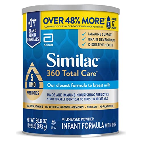 Similac 360 Total Care Infant Formula with 5 HMO Prebiotics, Our Closest Formula to Breast Milk, Non-GMO, Baby Formula Powder, 30.8-oz Can