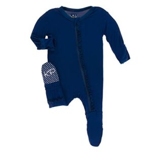 kickee pants little girls solid muffin ruffle footie with zipper – navy, 9-12 months