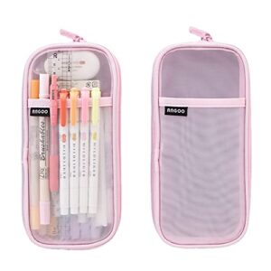 grid mesh pen pencil case with zipper, large capacity clear makeup color pouch cosmetics bag, multi-purpose travel school teen girls transparent stationary bag, office organizer box for adluts (pink)