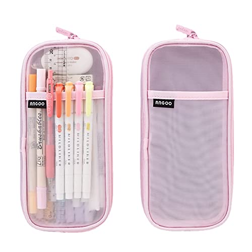 Grid Mesh Pen Pencil Case with Zipper, Large capacity Clear Makeup Color Pouch Cosmetics Bag, Multi-Purpose Travel School Teen Girls Transparent Stationary Bag, Office Organizer Box for Adluts (Pink)