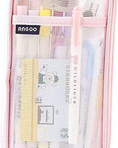 Grid Mesh Pen Pencil Case with Zipper, Large capacity Clear Makeup Color Pouch Cosmetics Bag, Multi-Purpose Travel School Teen Girls Transparent Stationary Bag, Office Organizer Box for Adluts (Pink)