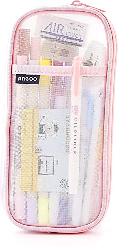 Grid Mesh Pen Pencil Case with Zipper, Large capacity Clear Makeup Color Pouch Cosmetics Bag, Multi-Purpose Travel School Teen Girls Transparent Stationary Bag, Office Organizer Box for Adluts (Pink)