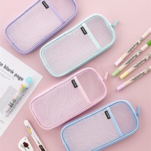 Grid Mesh Pen Pencil Case with Zipper, Large capacity Clear Makeup Color Pouch Cosmetics Bag, Multi-Purpose Travel School Teen Girls Transparent Stationary Bag, Office Organizer Box for Adluts (Pink)