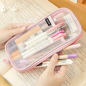 Grid Mesh Pen Pencil Case with Zipper, Large capacity Clear Makeup Color Pouch Cosmetics Bag, Multi-Purpose Travel School Teen Girls Transparent Stationary Bag, Office Organizer Box for Adluts (Pink)