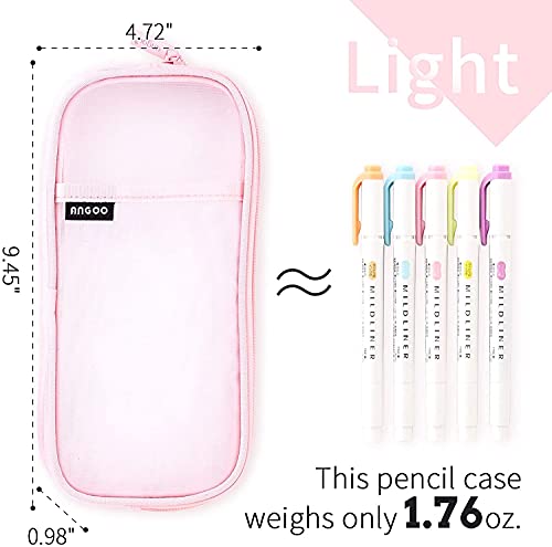 Grid Mesh Pen Pencil Case with Zipper, Large capacity Clear Makeup Color Pouch Cosmetics Bag, Multi-Purpose Travel School Teen Girls Transparent Stationary Bag, Office Organizer Box for Adluts (Pink)