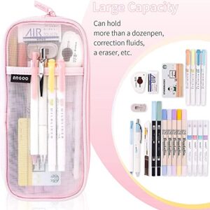 Grid Mesh Pen Pencil Case with Zipper, Large capacity Clear Makeup Color Pouch Cosmetics Bag, Multi-Purpose Travel School Teen Girls Transparent Stationary Bag, Office Organizer Box for Adluts (Pink)