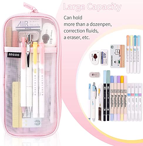 Grid Mesh Pen Pencil Case with Zipper, Large capacity Clear Makeup Color Pouch Cosmetics Bag, Multi-Purpose Travel School Teen Girls Transparent Stationary Bag, Office Organizer Box for Adluts (Pink)