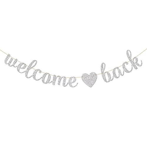 INNORU Welcome Back Banner - Welcome Home - Retirement Party Bunting Decor - Homecoming Returning - Happy Retirement Family Party Decorations Supplies Photo Prop, Silver Glitter