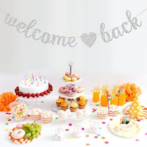 INNORU Welcome Back Banner - Welcome Home - Retirement Party Bunting Decor - Homecoming Returning - Happy Retirement Family Party Decorations Supplies Photo Prop, Silver Glitter