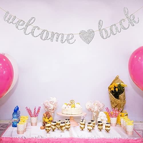 INNORU Welcome Back Banner - Welcome Home - Retirement Party Bunting Decor - Homecoming Returning - Happy Retirement Family Party Decorations Supplies Photo Prop, Silver Glitter