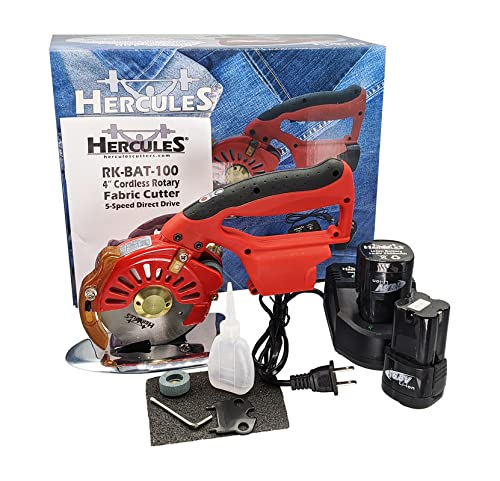 Hercules RK-BAT-100 5-Speed Cordless Electric Rotary Cutter for Cloth, Leather, Natural and Synthetic Fabrics – 4 Inch Single & Multi-Layer Round Knife Cutting Machine