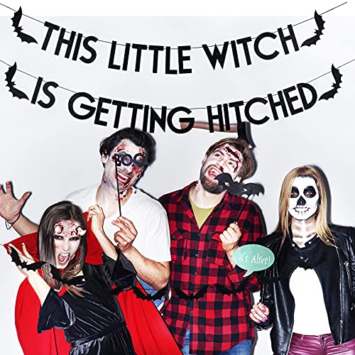 This Little Witch Is Getting Hitched Banner Black Glitter, Halloween Bats Banner Decorations, Halloween Bachelorette Party Decorations Halloween Haunted House Doorways Home Outdoor Mantle Decor