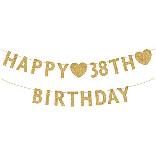 Gold Happy 38th Birthday Banner, Glitter 38 Years Old Woman or Man Party Decorations, Supplies