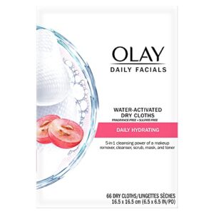 olay daily facials, daily clean makeup removing facial cleansing wipes, 5-in-1 water activated cloths, exfoliates, tones and hydrates skin, 66 count