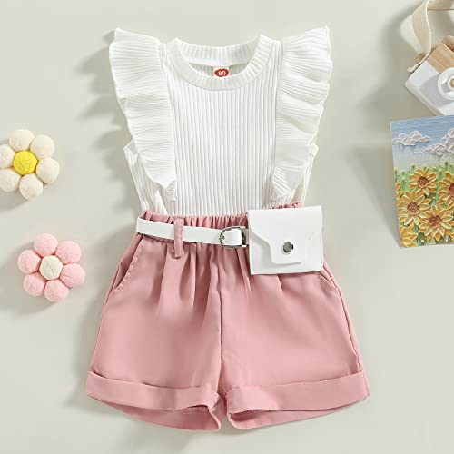 Kid Toddler Baby Girl Summer Outfits Ruffled Sleeveless Ribbed Tops Elastic Waist Shorts with Belt Outfit Set (A-White Pink, 3-4 Years)