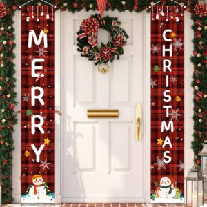 merry christmas banner christmas porch sign decorations – red black buffalo plaid outdoor xmas decor, hanging christmas banner for indoor outside front door garage holiday party wall decor